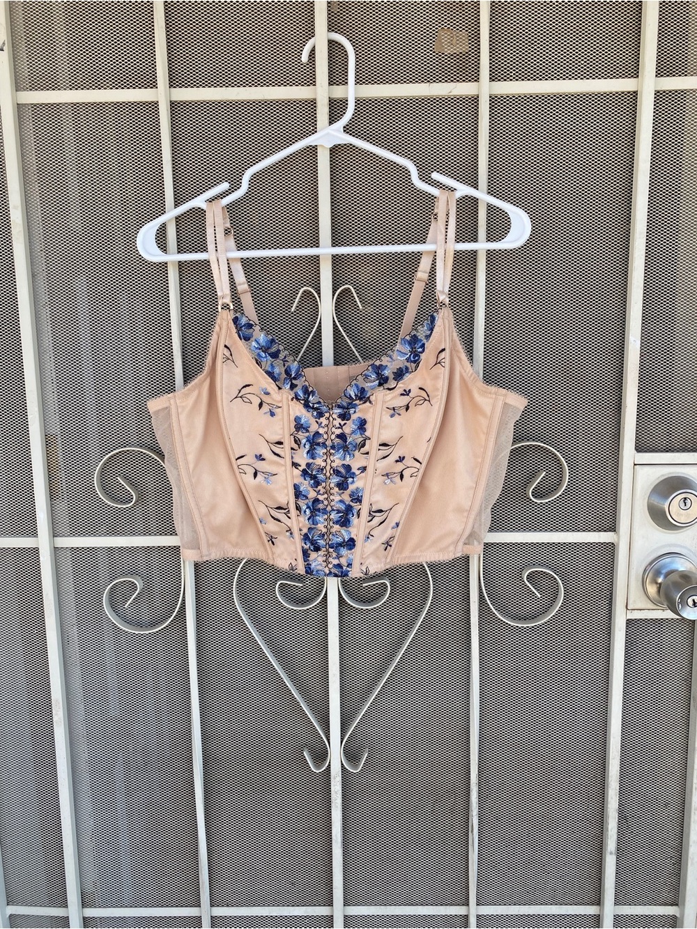 Peach Corset Crop Top with Blue Floral Embroidery